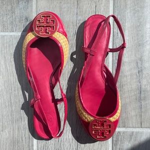 Tory Burch Orchid Pink Patent Leather/Tan Woven Straw Slingback Ballet Flats